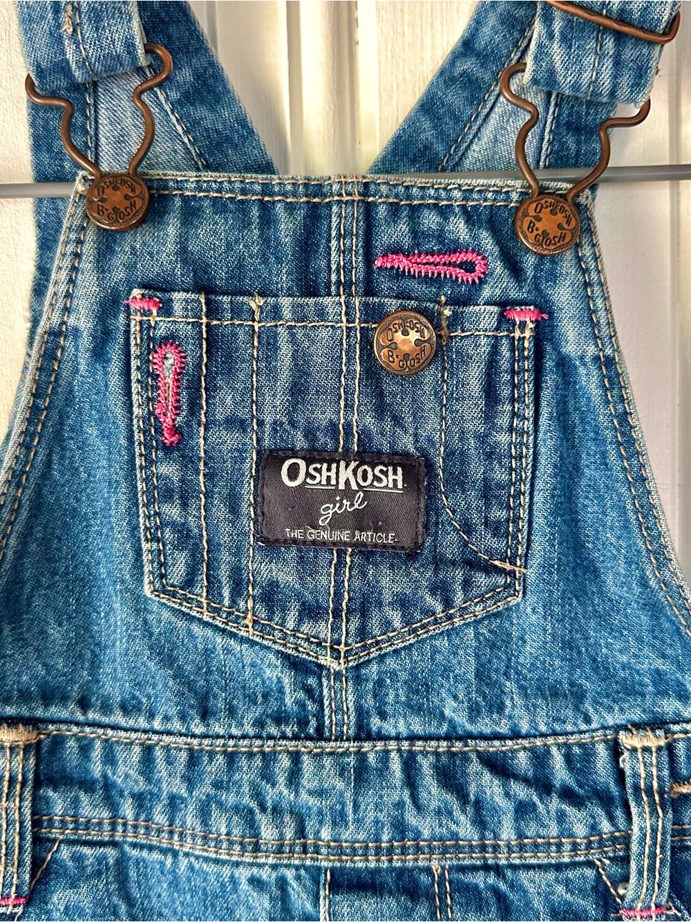 OshKosh B'gosh Blue Denim Overalls with Pink Stitching 12M